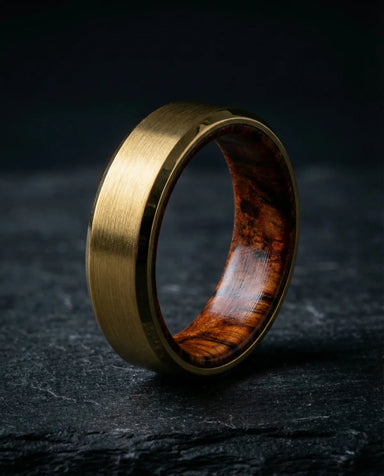 The Haven Red Amboyna Burl wedding band lifestyle photo