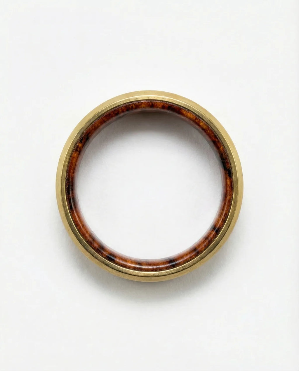 The Haven Red Amboyna Burl wedding band face down detail
