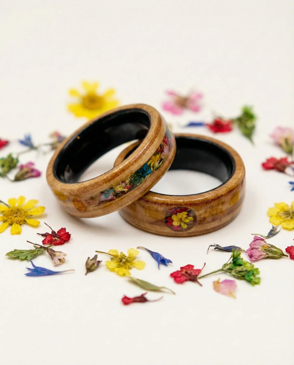 Front and underside floral details on Floral Bloom wedding bands