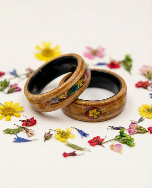 Front and underside floral details on Floral Bloom wedding bands