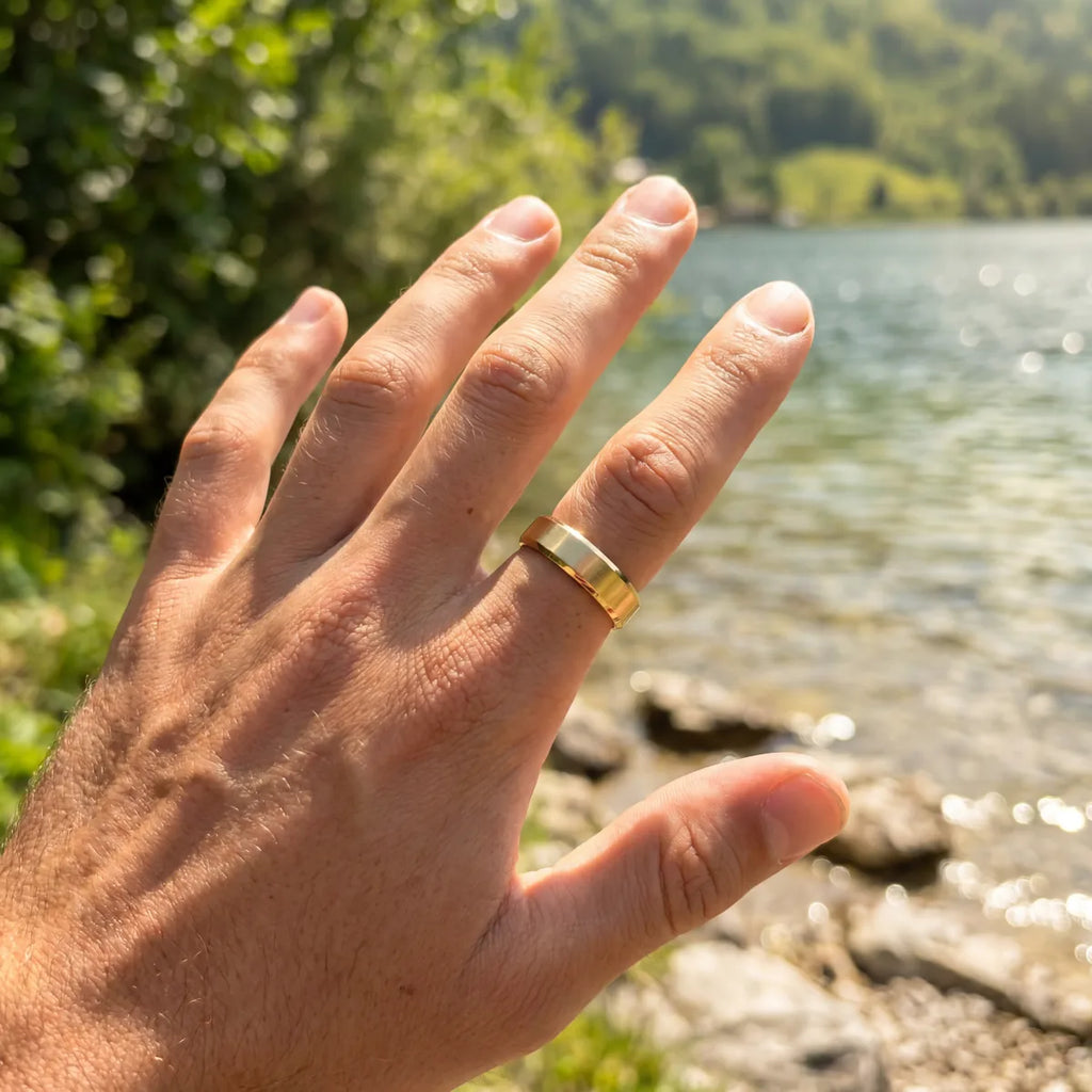 The Haven Spalted Maple Burl wedding band worn on hand
