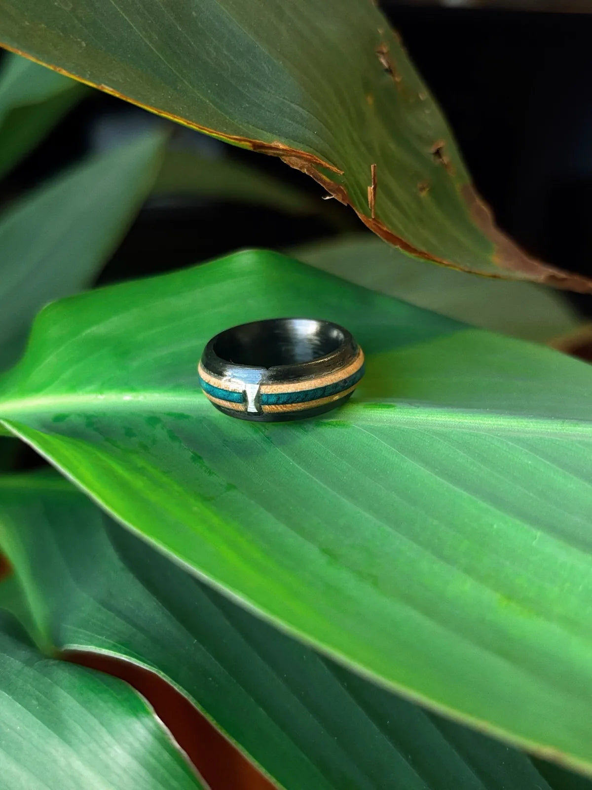 The Ocean Breeze men's wedding band made from recycled skateboard wood, carbon fiber, silver, and brass