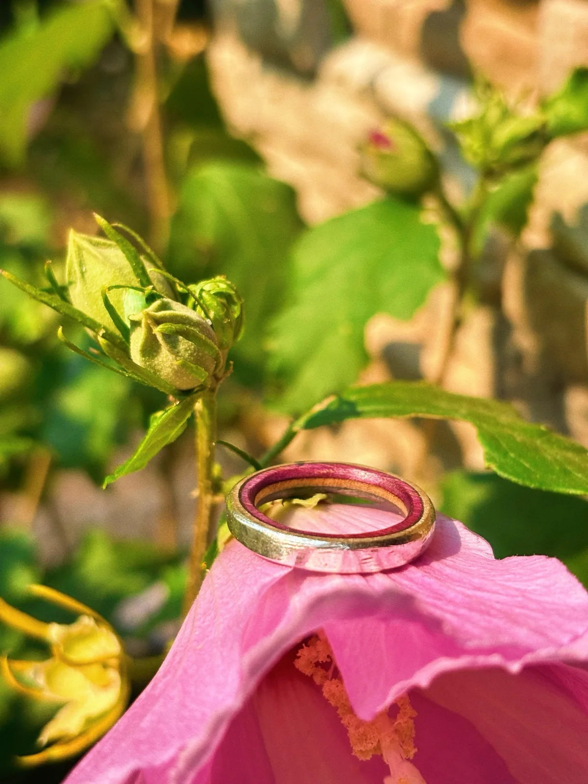 The Midnight Forge satin finish wedding band with recycled skateboard wood inner core and silver shell