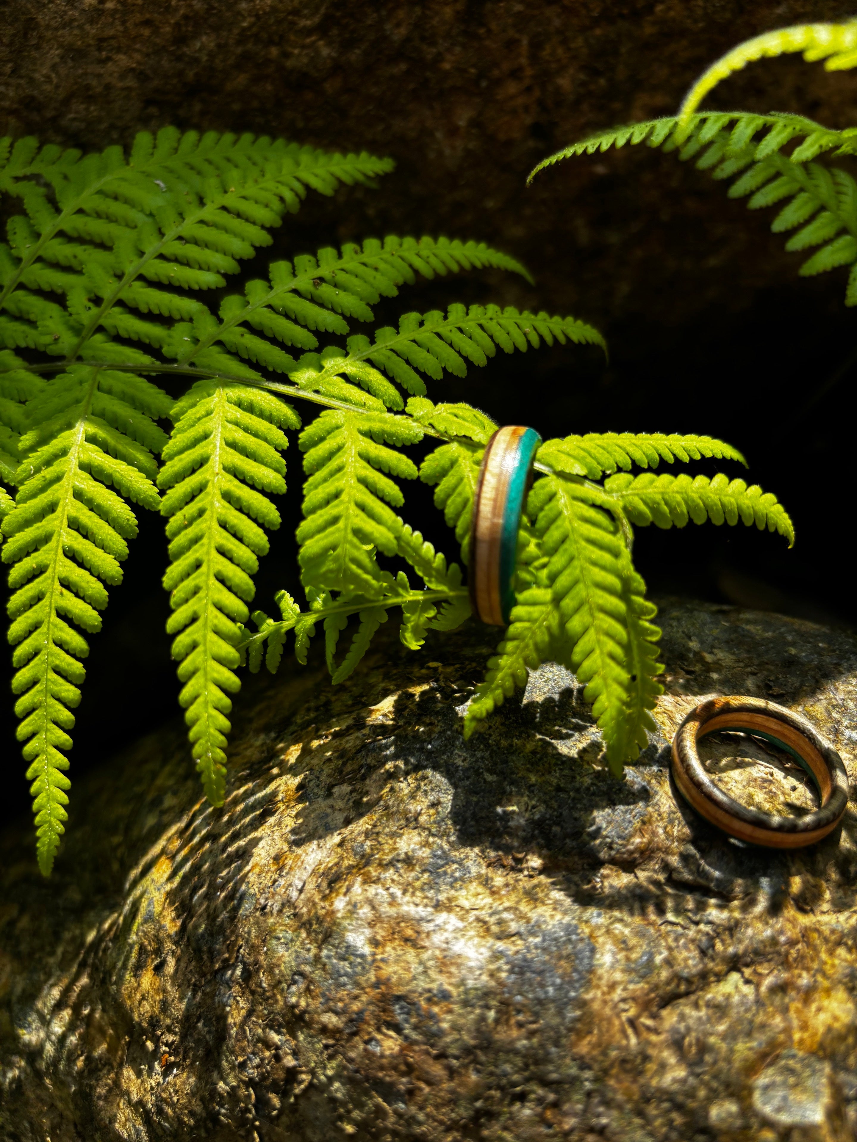 Pura Vida Recycled Skateboard Ring detail photo on fern leaves