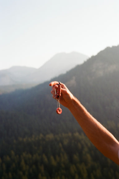 Rose Rebirth Carabiner Keychain held up against a mountain landscape