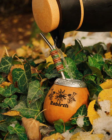 Water pouring into Rebirth Mate Gourd with recycled skateboard bead bombilla