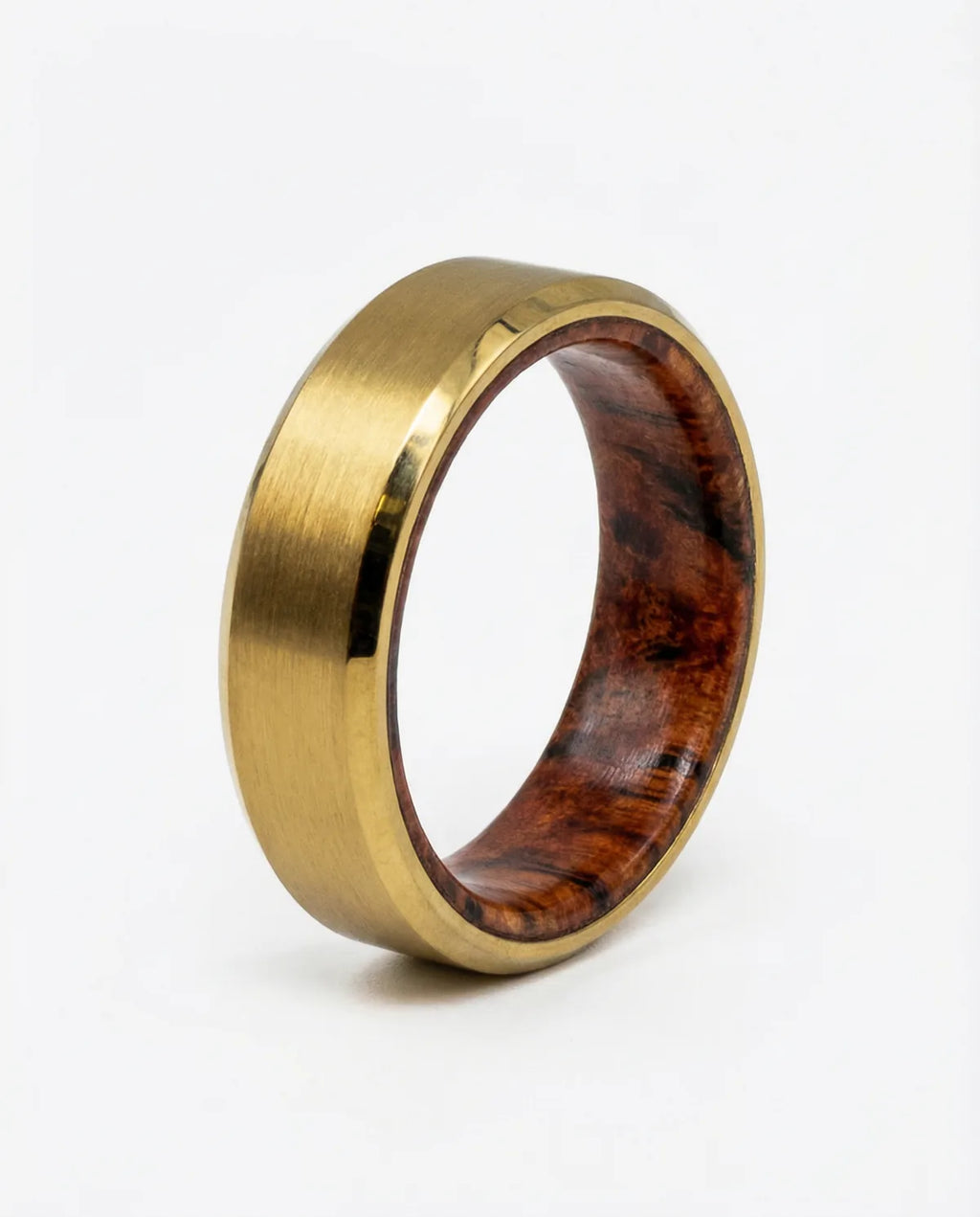 The Haven wedding band with Red Amboyna Burl wood interior
