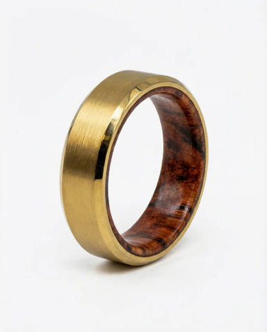The Haven wedding band with Red Amboyna Burl wood interior