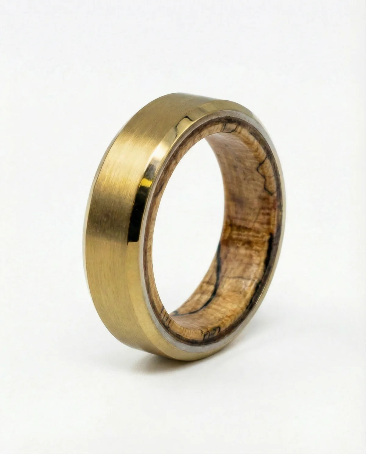 The Haven wedding band with Spalted Maple Burl wood interior